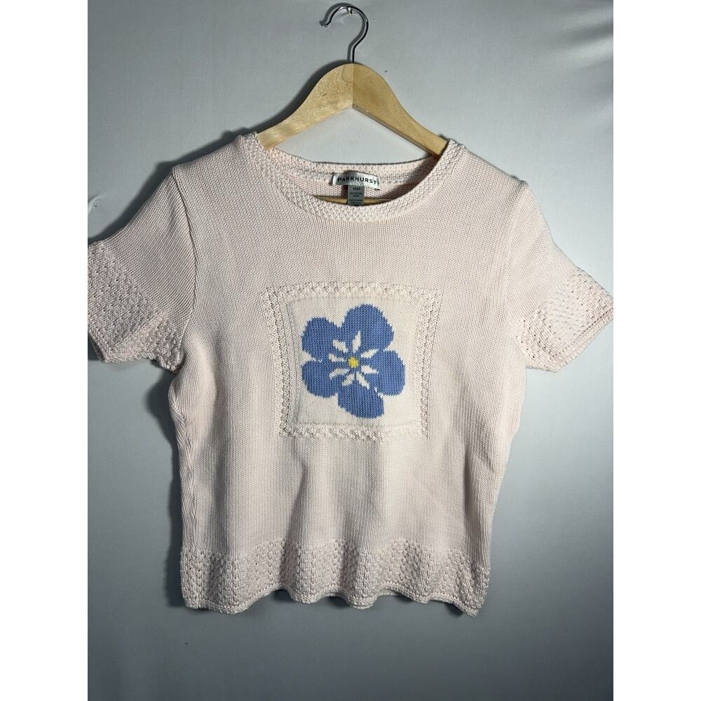 Vintage Parkhurst Floral Knit‎ Sweater Top Womens M Pink Blue Short Sleeve